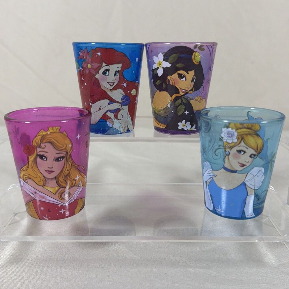 Y2K Disney Princess Shot Glass Set of 4 Ariel Jasmine Cinderella Aurora 1.5 oz